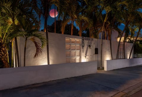 Exterior Welcome: Brightly lit entrance flanked by swaying palms, inviting you to paradise!