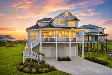 Luxury Galveston beach house exterior with elevated coastal design, private driveway, and spacious outdoor living—perfect vacation rental near the Gulf.
