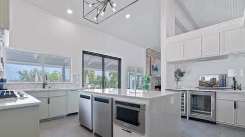 Contemporary chef's kitchen with silver appliances