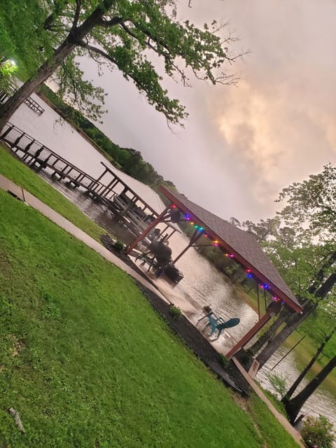 View of outdoor seating area from deck.