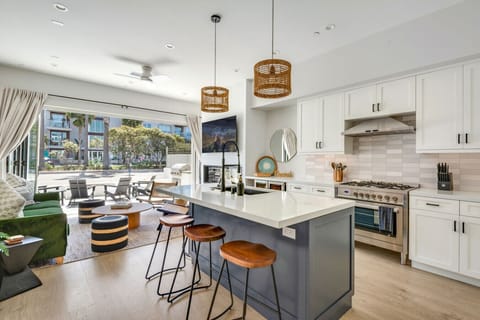 Kitchen, living room and patio.
