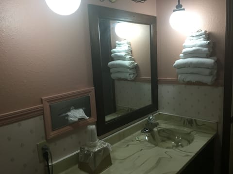 Combined shower/tub, free toiletries, towels