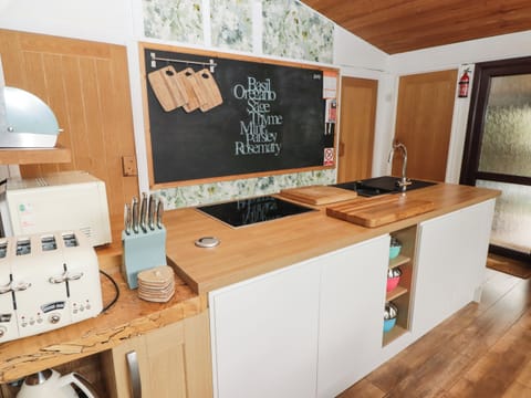 Fridge, electric kettle, toaster, cookware/dishes/utensils