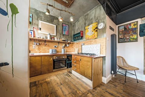 Fridge, electric kettle, toaster, cookware/dishes/utensils