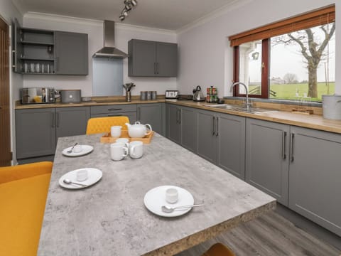 Fridge, electric kettle, toaster, cookware/dishes/utensils