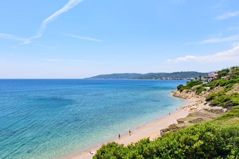 On the beach, sun loungers, fishing