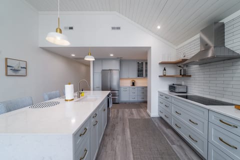 Ship-lapped ceilings and stainless steel appliances