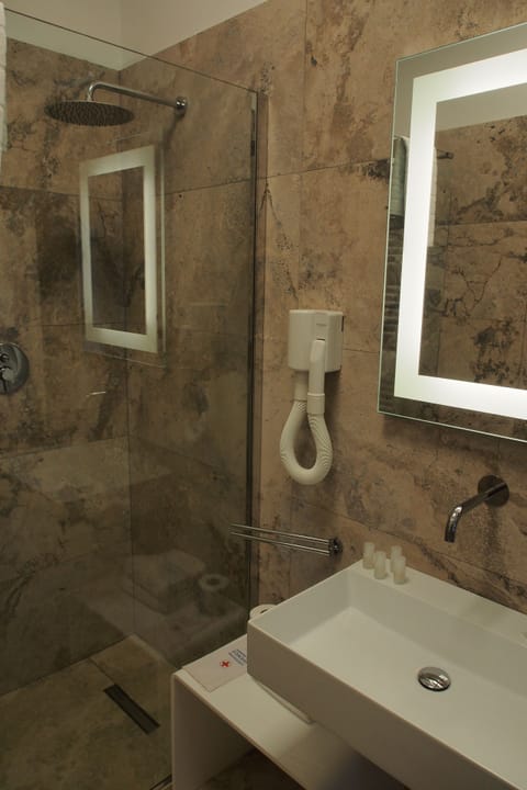 Shower, hair dryer, bidet, towels