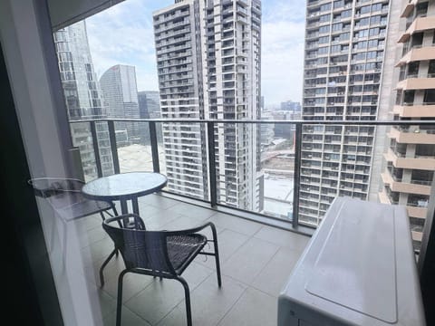Enjoy city views from the balcony.