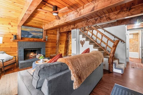 Signature Cabin, 2 Bedrooms, Non Smoking, Kitchen | Living room | 50-inch Smart TV with digital channels, fireplace, books