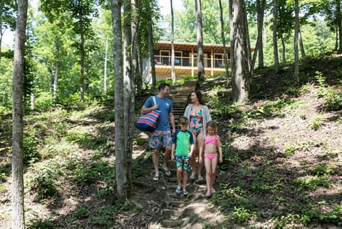 Family headed to the lake via optional steps