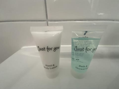 Shower, hair dryer, towels, toilet paper