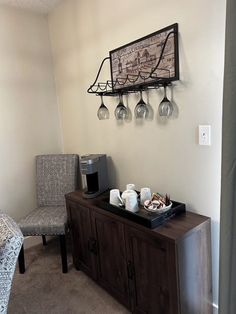 Coffee Bar with Keurig and Wine Glasses.