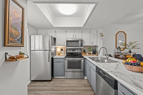 Fully equipped kitchen with stainless steel appliances 