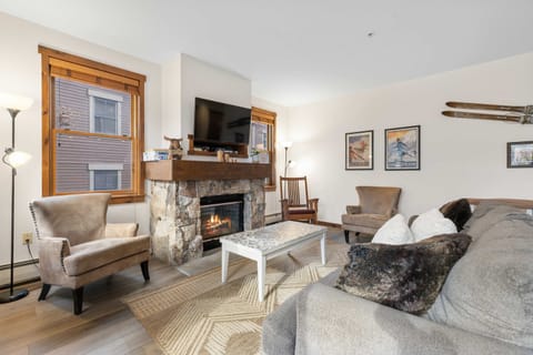 Living room: Gas fireplace, Smart TV, pullout couch, patio access