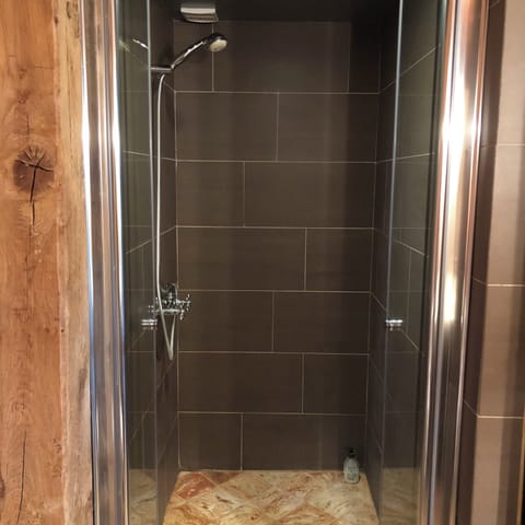 Shower, hair dryer, bathrobes, towels