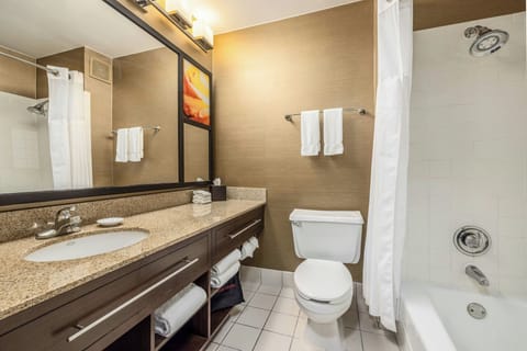 Combined shower/tub, free toiletries, hair dryer, towels