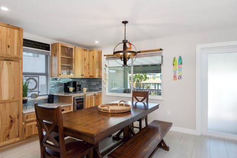 Beautiful wooden table seats 8 with great views from window.