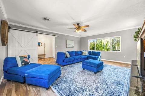 Spacious living room with a vibrant blue sectional and natural light from large windows
