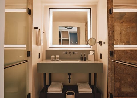 Hair dryer, bathrobes, towels, soap