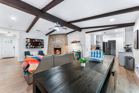 Dining area overflows to the living room next to the covered porch