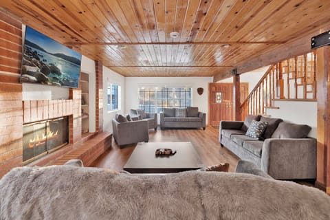 Cozy living room with fireplace and large streaming TV