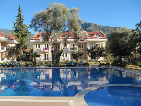 View of pool, apartment (top middle) and mountains