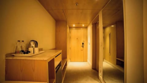 Premium bedding, memory foam beds, desk, laptop workspace