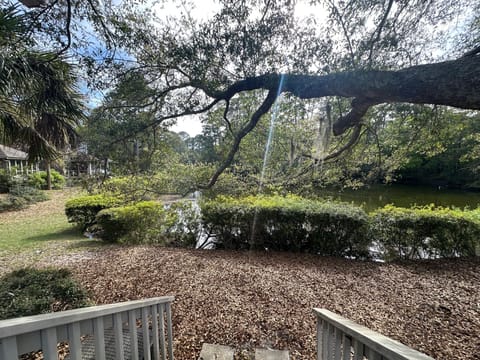 Peaceful lagoon view, moss-covered Live Oak tree shading the deck.