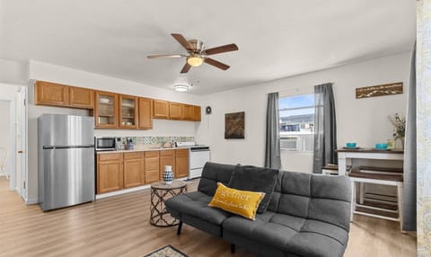 Above a coffee shop, next to an ice cream parlor, and right in the middle of everything cool.