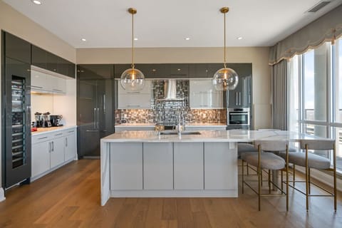 Full luxury kitchen with a wine fridge, blender, De`Longhi espresso machine, ground coffee, tea & sugar.