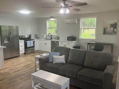 Family room seating, kitchen, desk area