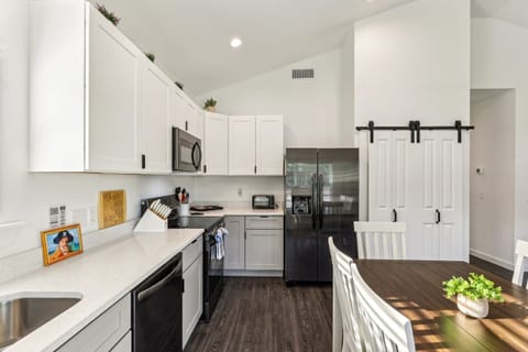 Kitchen has all major appliances, keurig with pods, hot water kettle, blender, toaster oven, knife set, plating and cutlery for 12, kids dishware, and so much more.