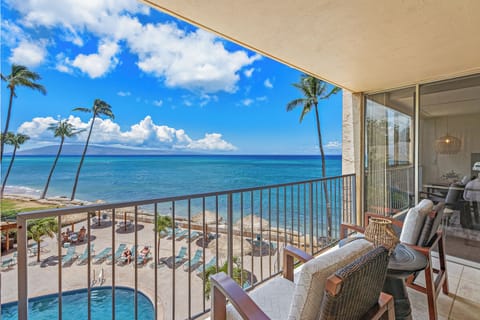 Views from the private lanai (patio) - Ocean views and island comfort at Royal Kahana 312, a third-floor condo in West Maui with AC