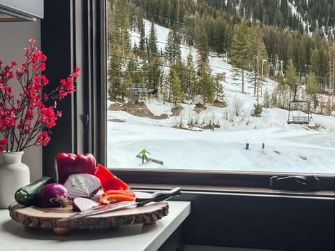You will relish breathtaking views of the ski slopes from the chalet window.