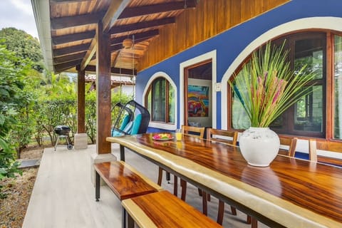 Outdoor dining, porch, egg chairs, BBQ