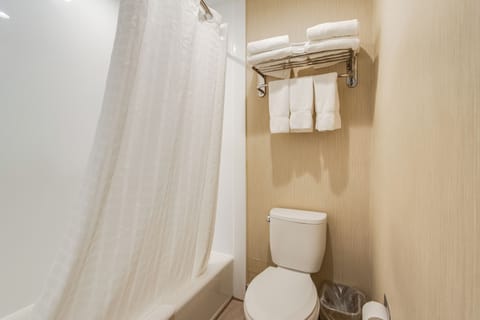 Combined shower/tub, hair dryer, towels, soap