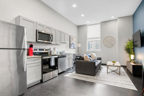 Deluxe Apartment, Non Smoking | Private kitchen | Full-size fridge, microwave, oven, stovetop