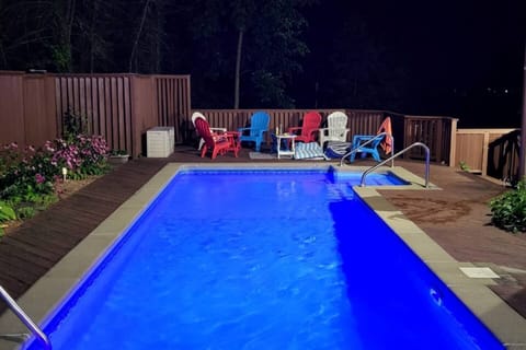 Outdoor heated pool at night.  Very private and quiet.  Safe pool months in this area are June-mid September 