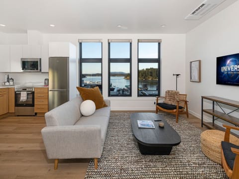 Enjoy third floor, unobstructed expansive views of the harbor from this luxurious penthouse located in charming downtown Friday Harbor.