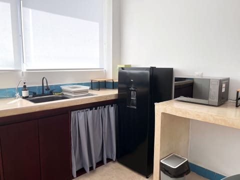 Fridge, microwave, stovetop, blender