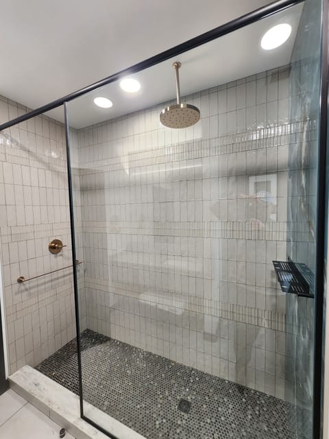 Shower, rainfall showerhead, hair dryer, slippers