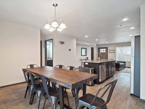 The dining area seats up to 8 people.