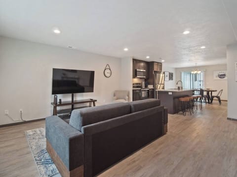 The living space has a sofa and smart TV. The sofa has a trundle bed beneath it (twin) and the sofa seat itself is twin-bed sized.