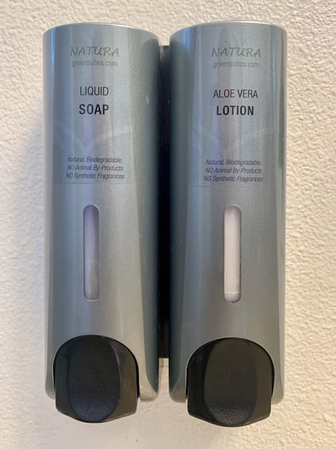 Shower, hydromassage showerhead, eco-friendly toiletries, hair dryer