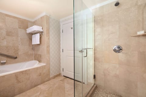 Shower, designer toiletries, hair dryer, bathrobes