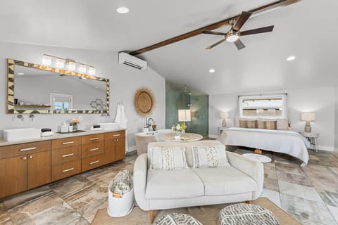 This private studio blends modern ease with rustic charm—featuring a spacious king bed, curated details, and everything you need for a peaceful Fredericksburg stay, all in one beautifully appointed space.