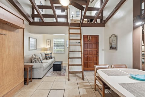 The studio living area offers a comfortable sofa, wood accents, and a lofted sleeping space accessed by a ladder.
