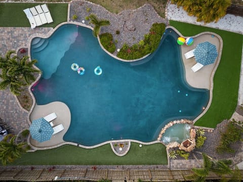 Lagoon Paradise: Dive into relaxation at this stunning pool adorned with vibrant floats and lush palms!