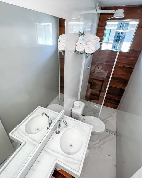 Shower, free toiletries, towels, soap